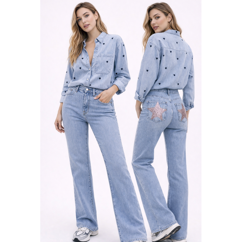 Γυναικείο Τζιν Παντελόνι Straight Fit με Strass & Αστεράκια – Denim Blue